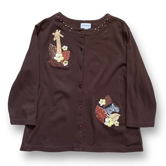 Vintage Breckenridge Cardigan Top Brown Fall Leaves Dark Floral Animal Print - Picture 1 of 12